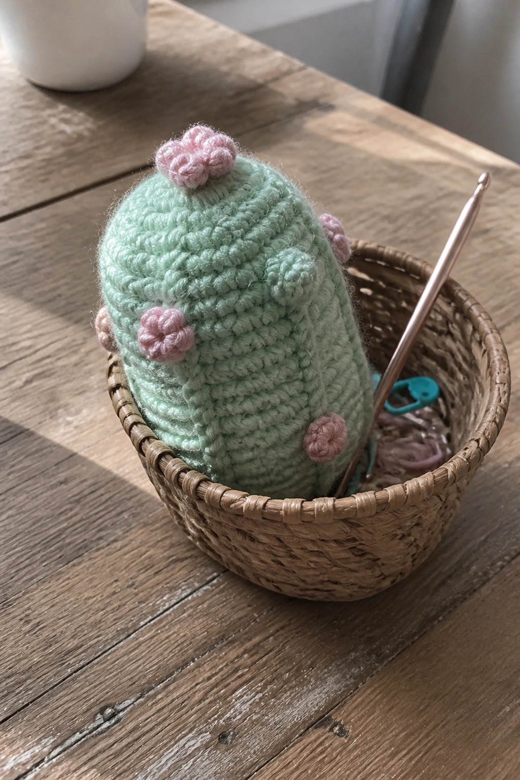 Mint green crocheted cactus with pink flowers in woven basket beside crochet hook