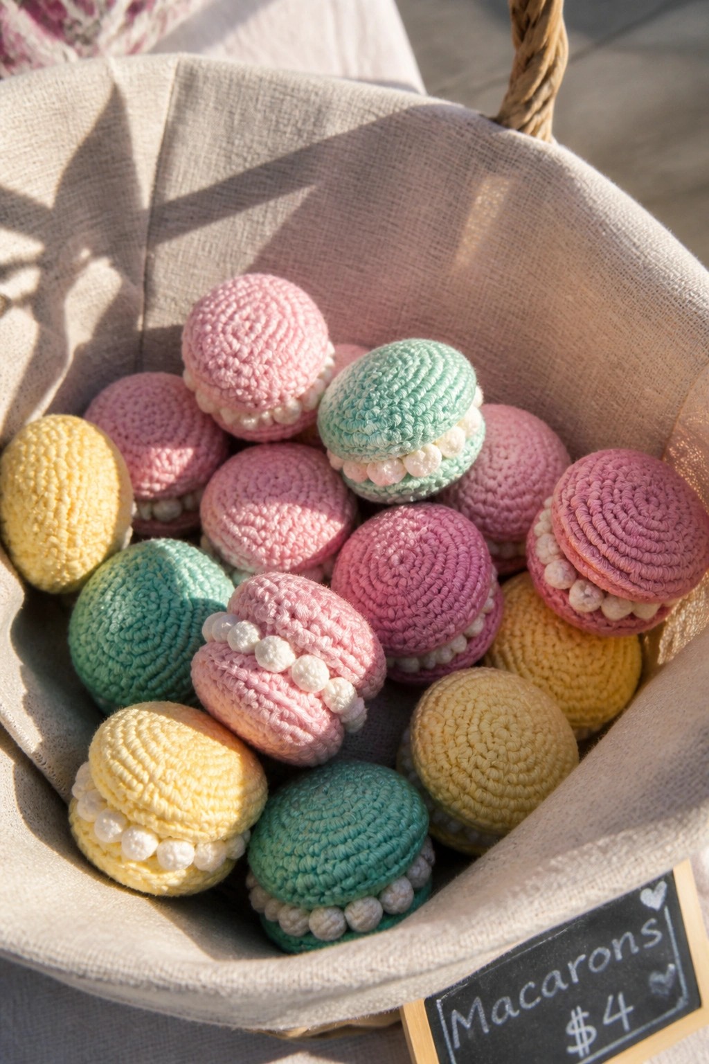 Colorful crocheted macarons in pastel shades fill a fabric-lined basket with sign.