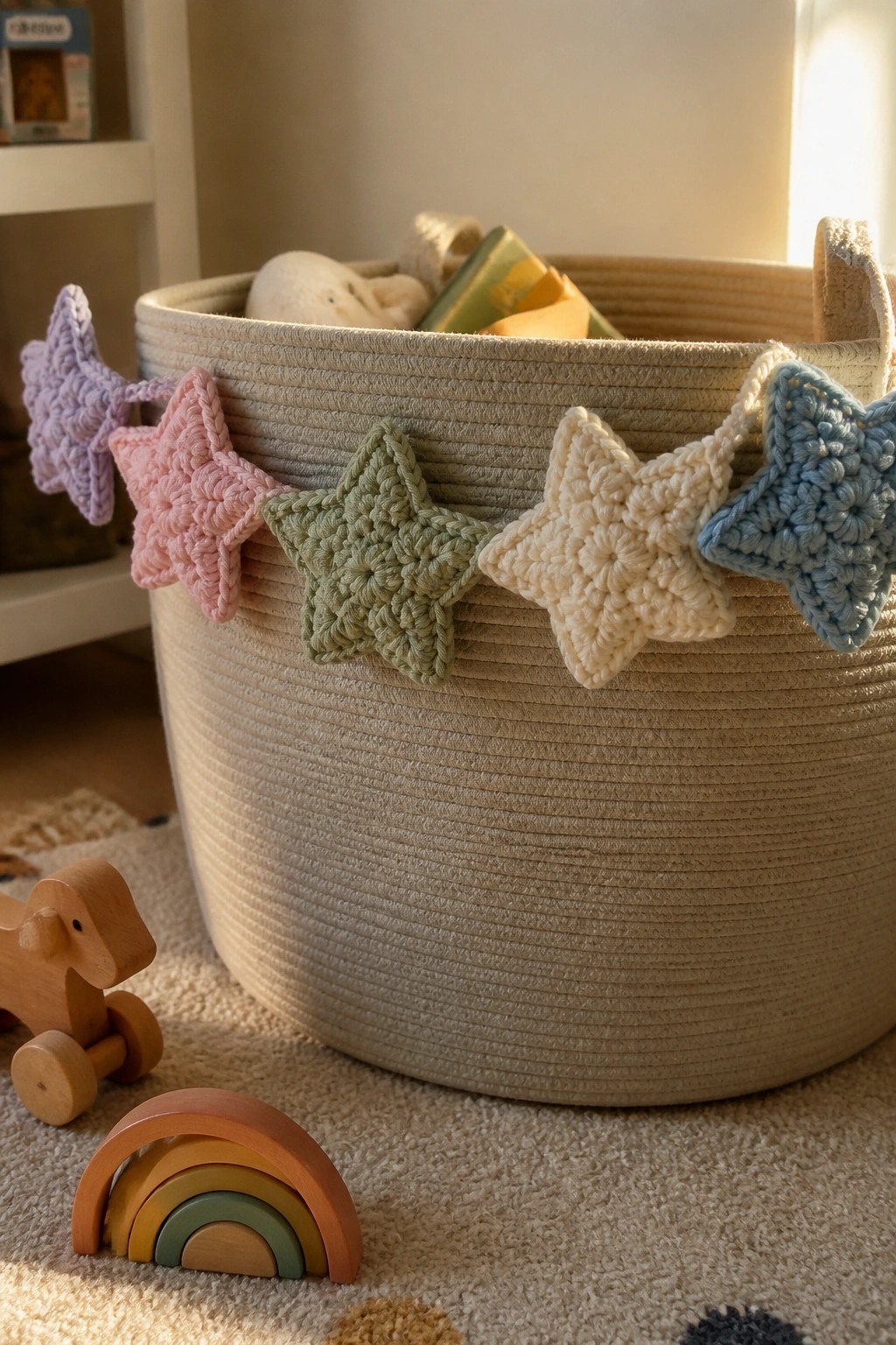 Woven basket with pastel crocheted star garland and wooden toys on rug.