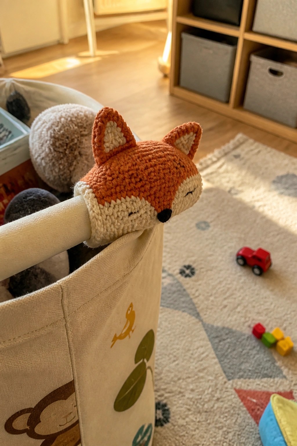 Crocheted sleeping fox on fabric storage basket amid toys on patterned rug.