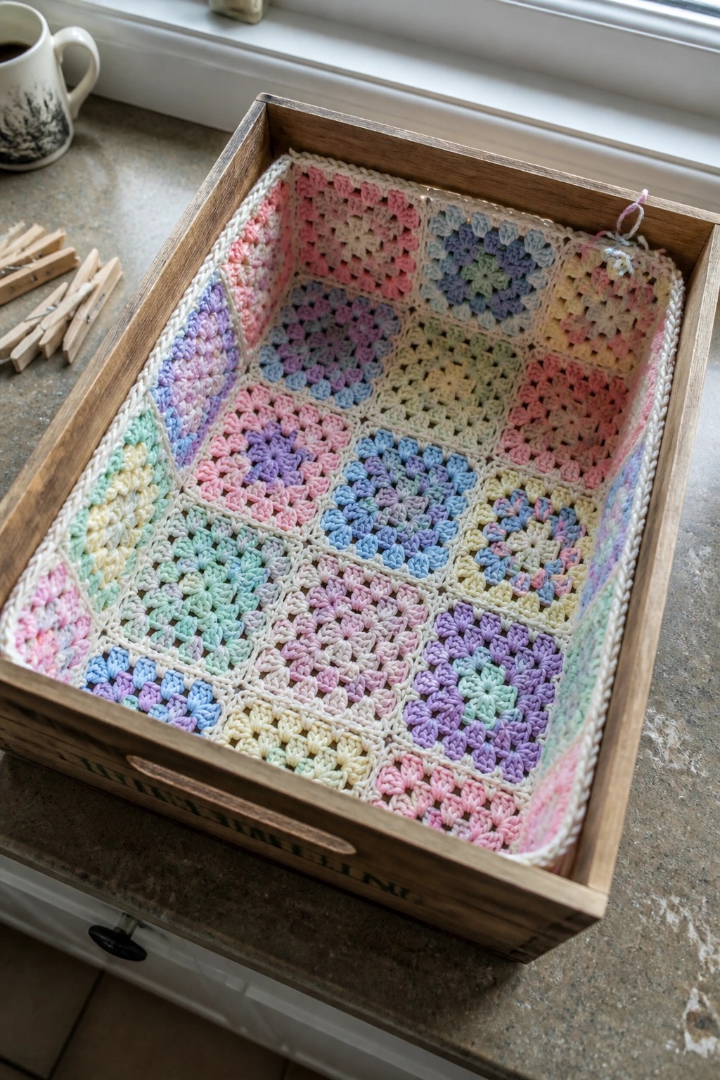Pastel granny square crochet blanket lining a wooden tray on counter