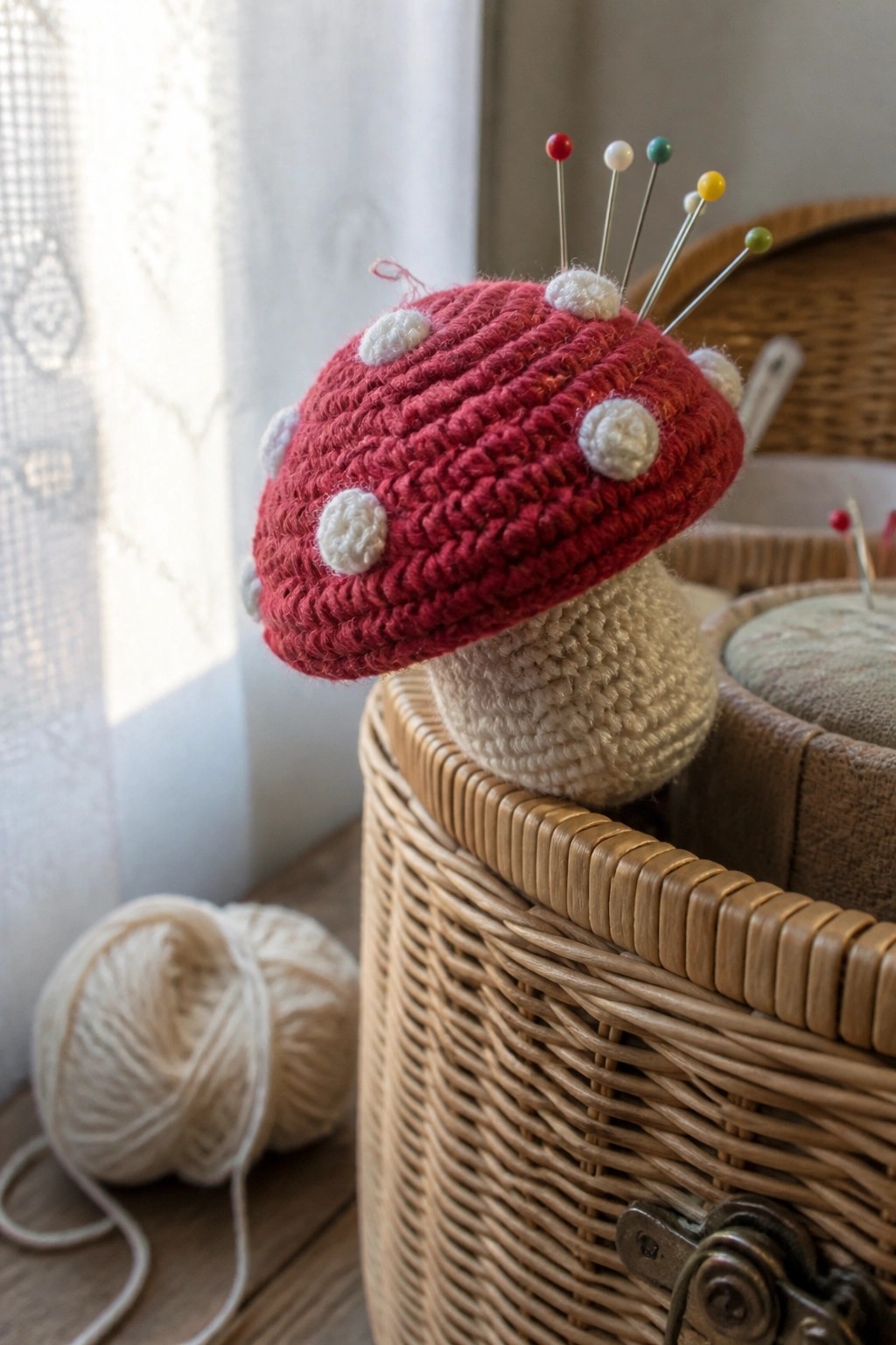 A red crocheted mushroom with white spots holds pins inside a wicker basket beside a ball of beige yarn.