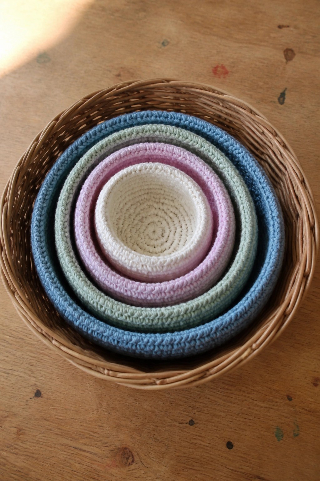 Nested crocheted baskets in pastel colors sitting inside a brown wicker basket on a wooden surface.