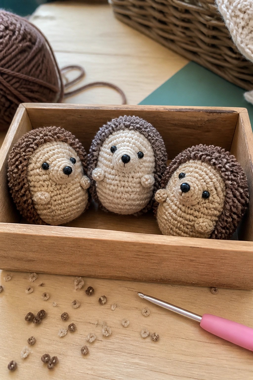 Three crocheted hedgehogs in wooden box with pink crochet hook and yarn scraps