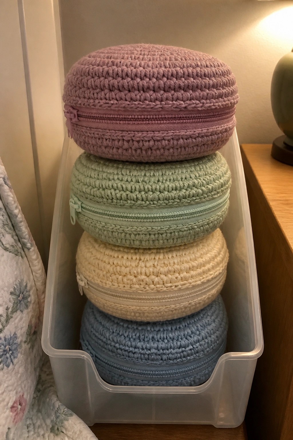 Pastel crocheted zippered pouches stacked in purple, green, yellow, and blue inside clear bin