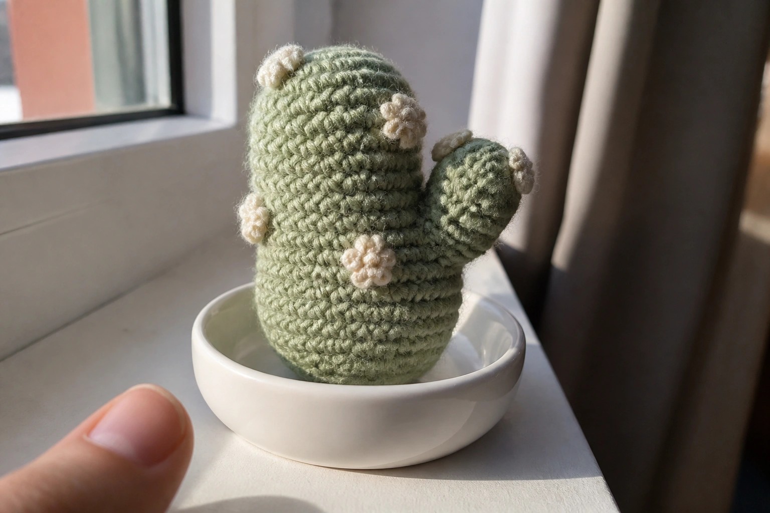 Green crocheted cactus with white flowers in a white bowl on sunny windowsill.