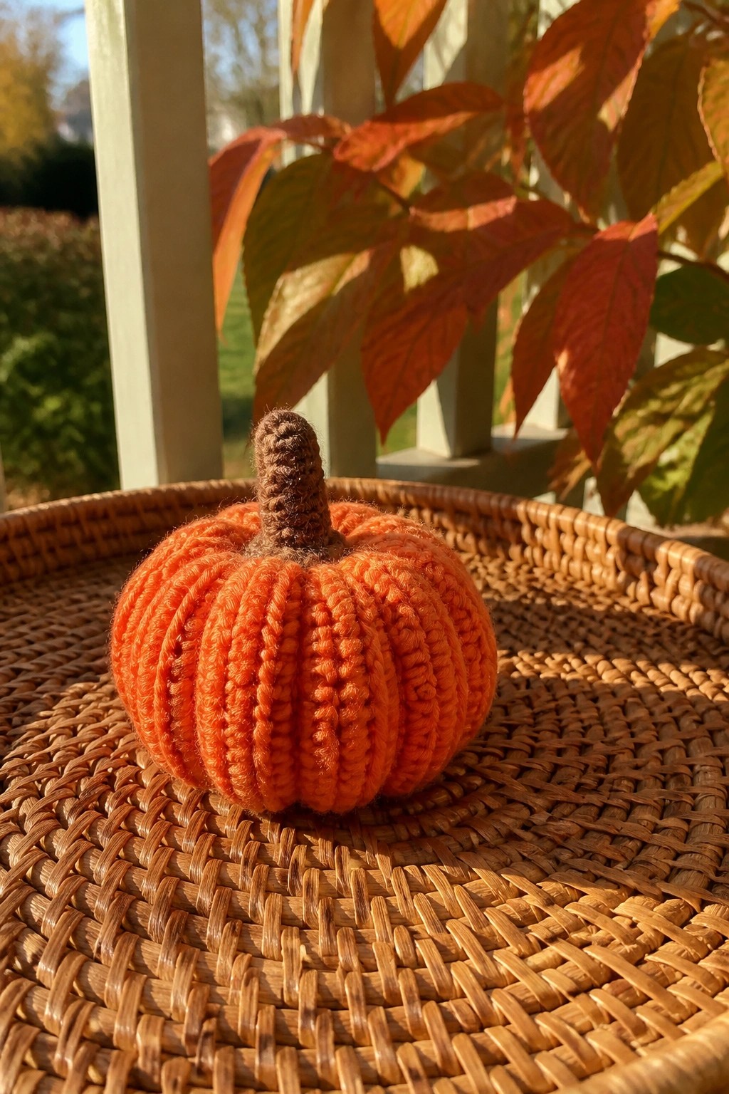 Crocheted orange pumpkin with brown stem in woven basket amid autumn leaves