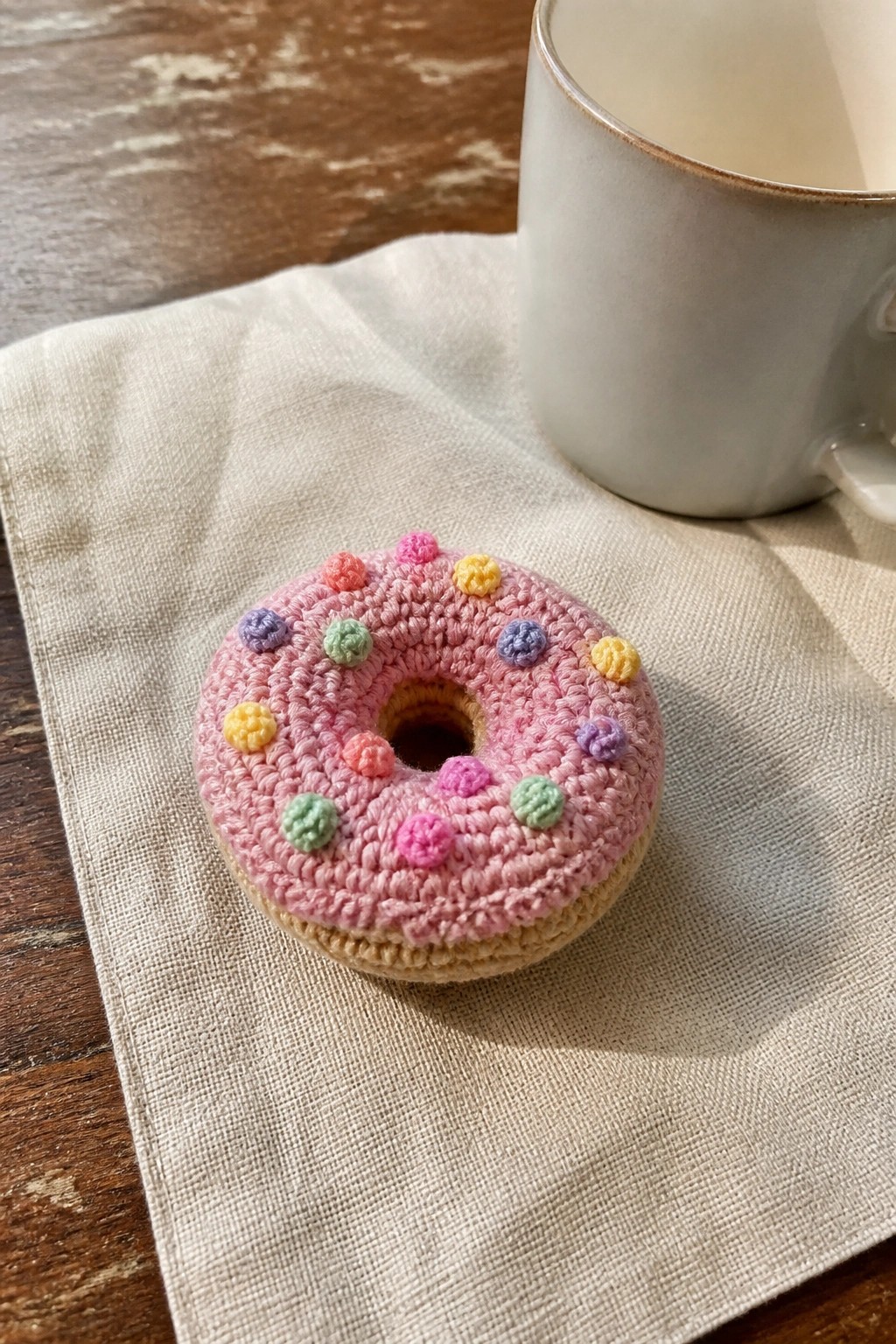 Pink crocheted donut with colorful sprinkles on beige napkin beside white mug on wood.