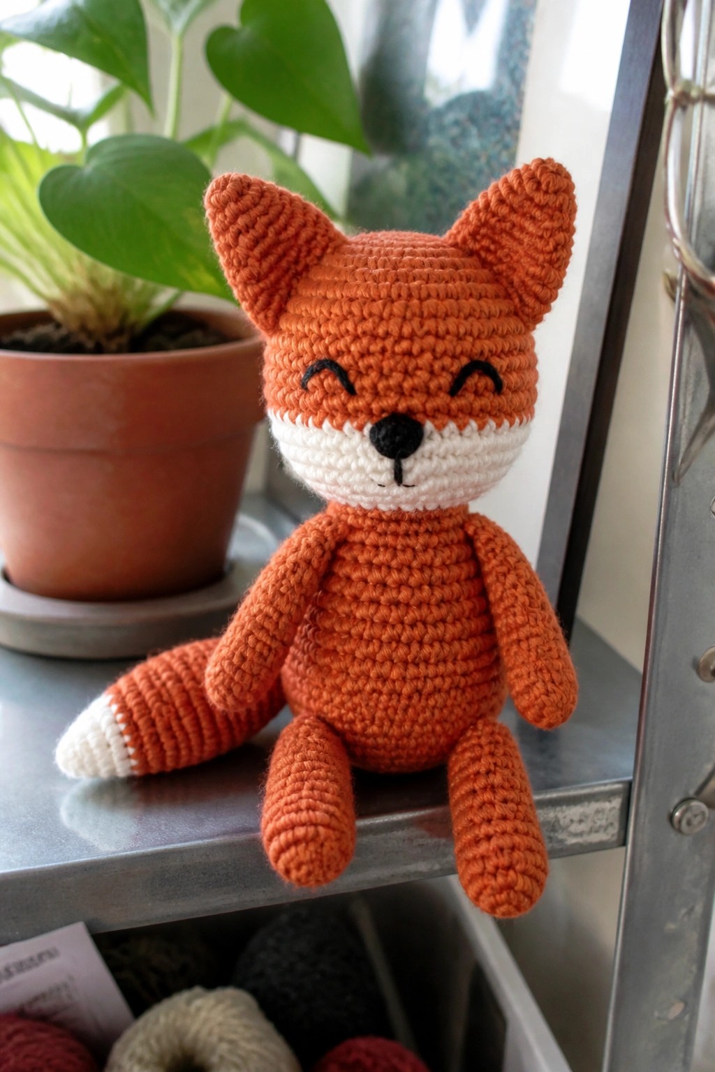 Orange crocheted fox toy with white muzzle sits on metal shelf near plant