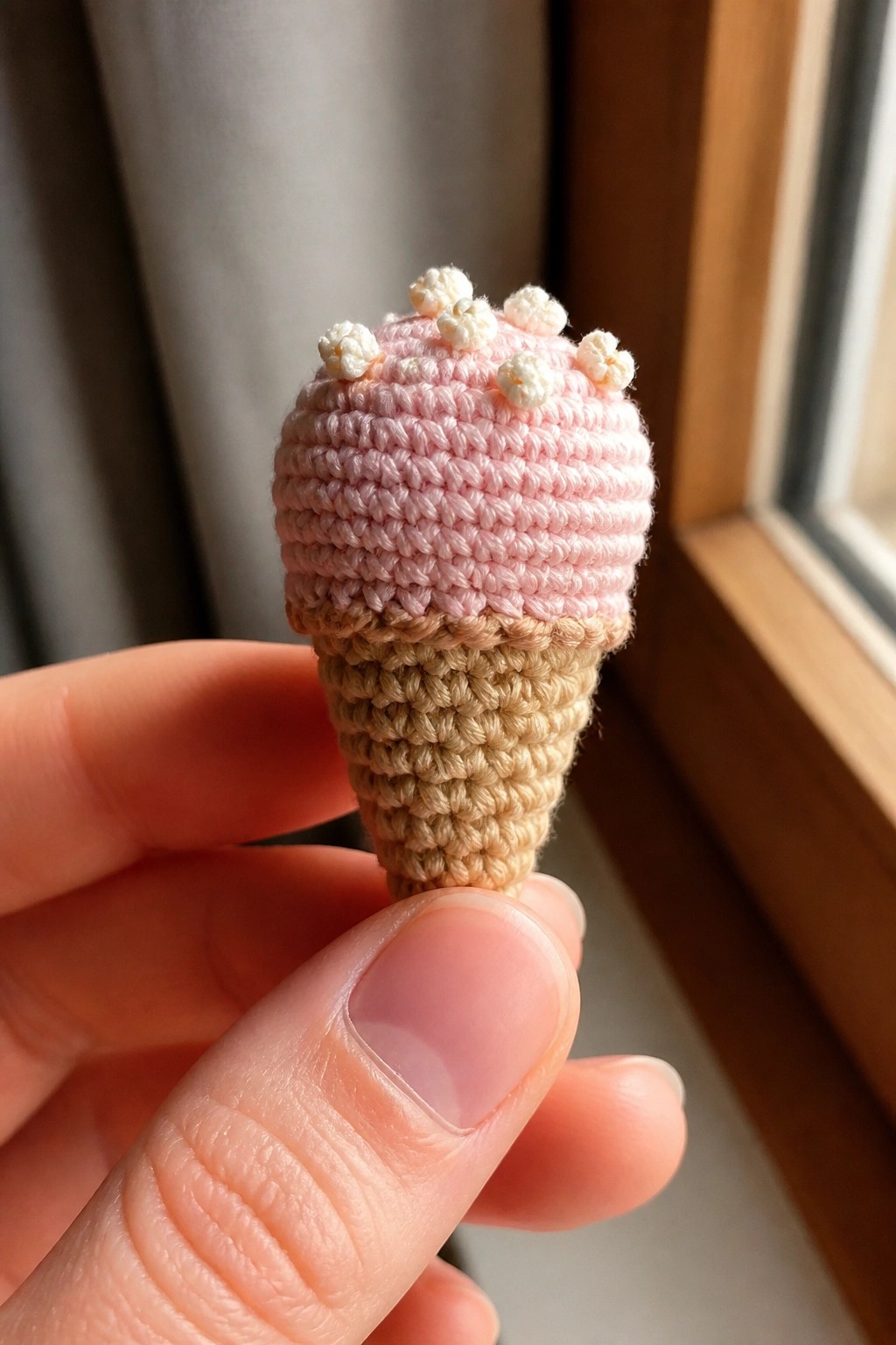 Hand holding miniature crocheted pink ice cream cone with white toppings