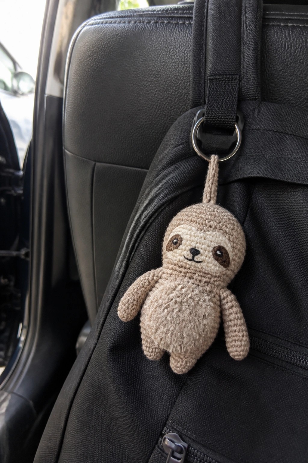 A small crocheted sloth hangs from a ring on a black bag inside a car.