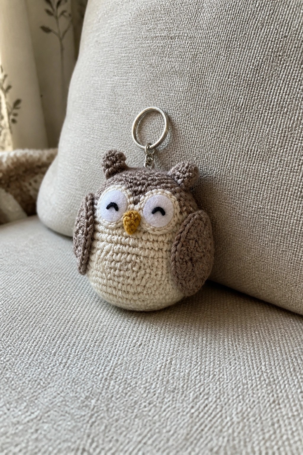Crocheted owl keychain in brown and beige on light fabric cushion