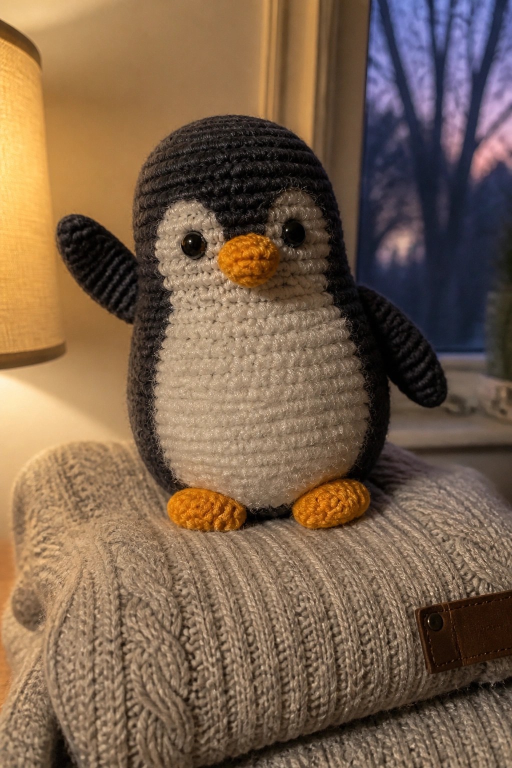 Crocheted black-and-white penguin with raised wing on stacked beige and blue sweaters