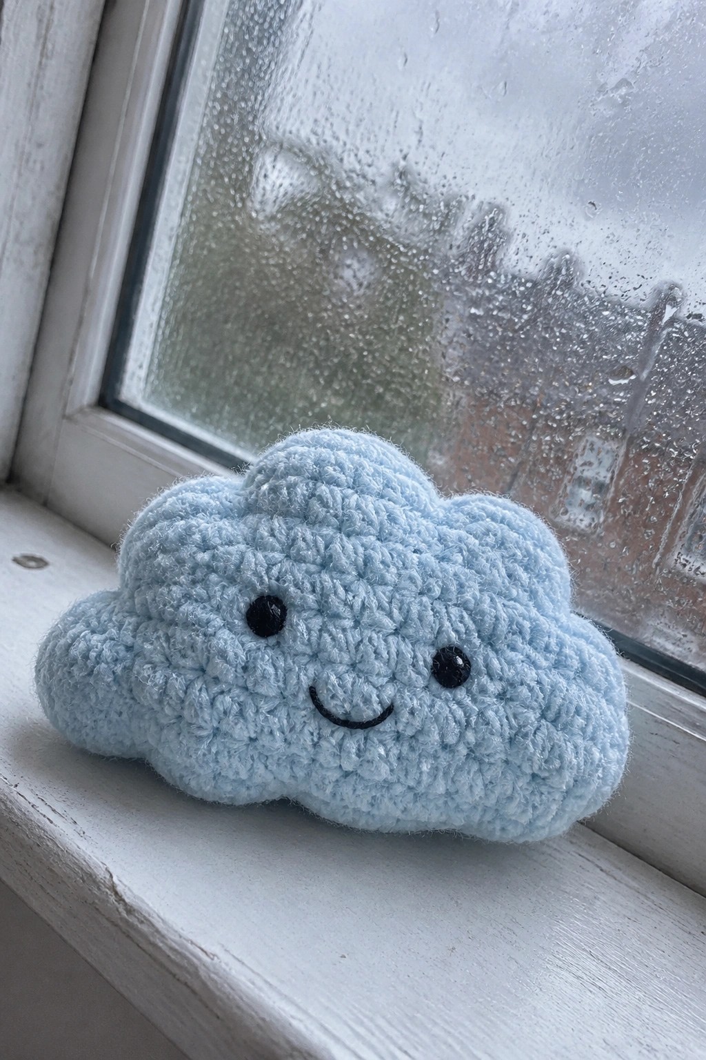 Light blue crocheted cloud plush with smiling face on white rainy windowsill