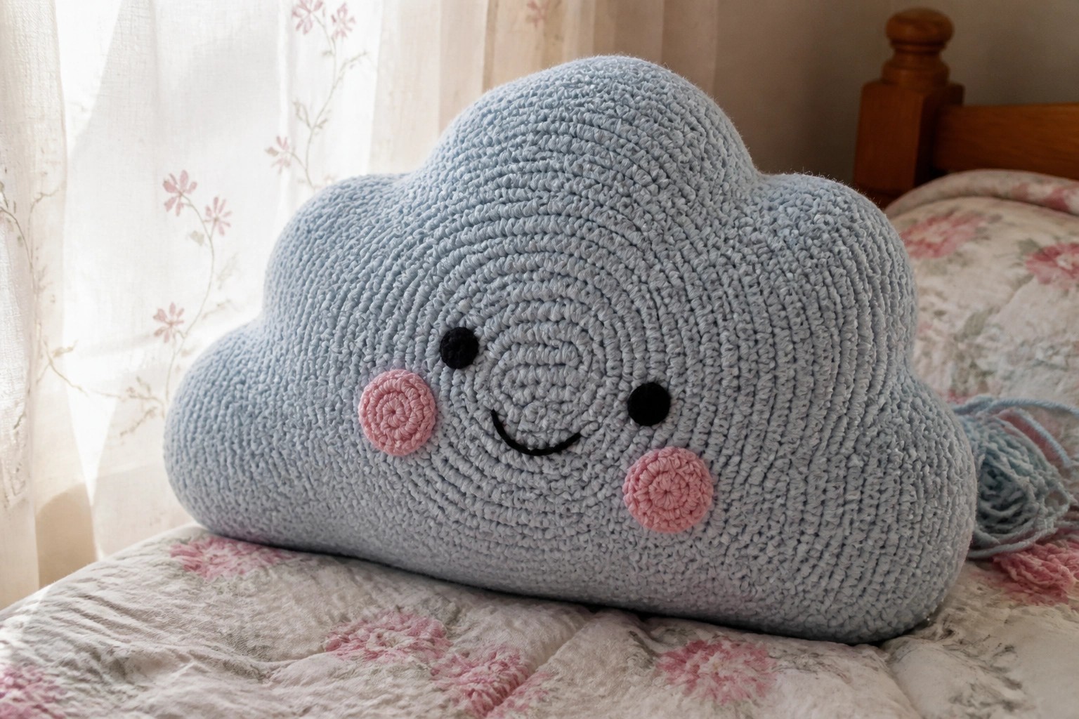 Light blue crocheted cloud pillow with smiling face on floral quilted bedspread