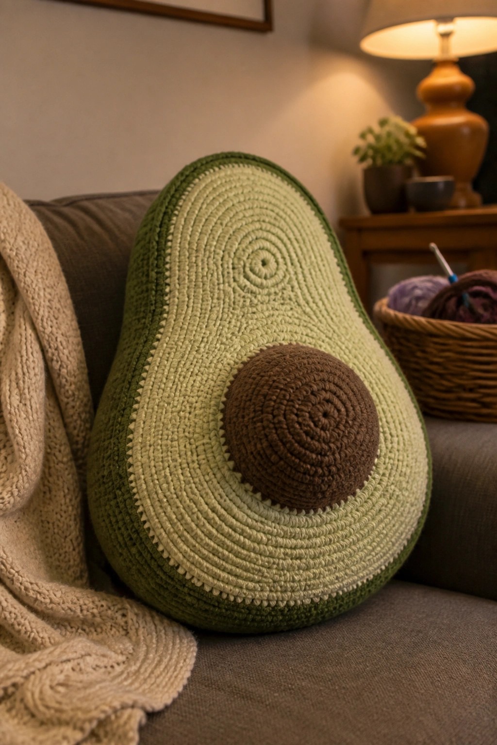 Crocheted avocado pillow on gray couch with yarn basket and lamp nearby