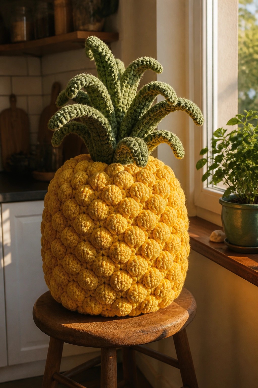 A large yellow crocheted pineapple with green leaves sits on a wooden stool.