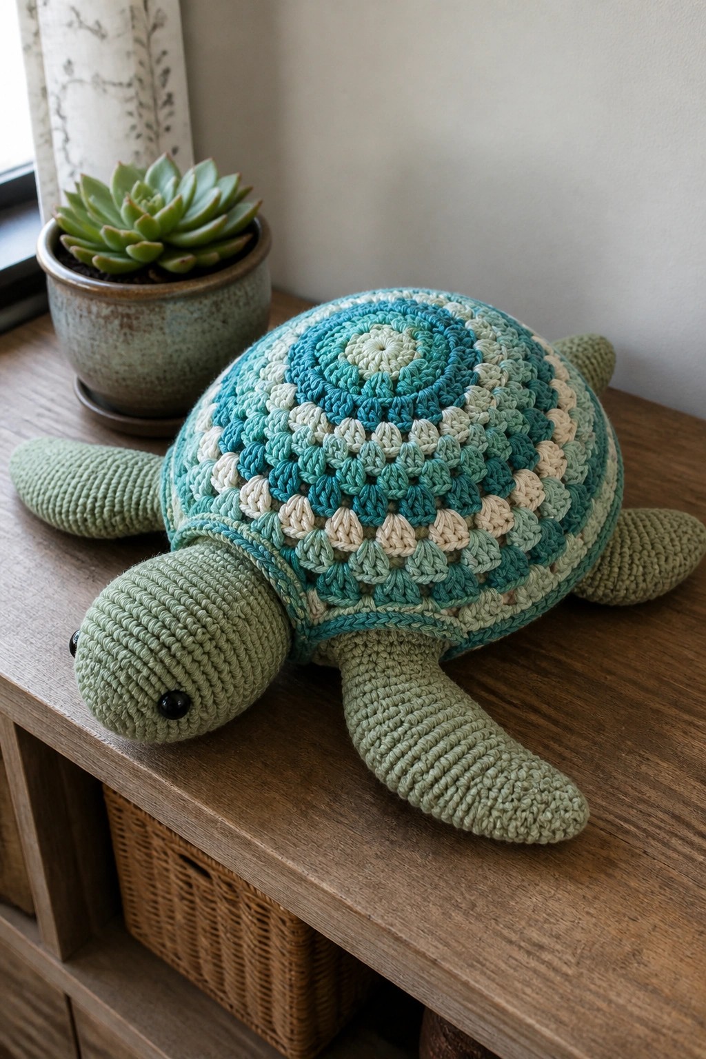 Crocheted sea turtle with colorful shell beside potted succulent on wooden table.