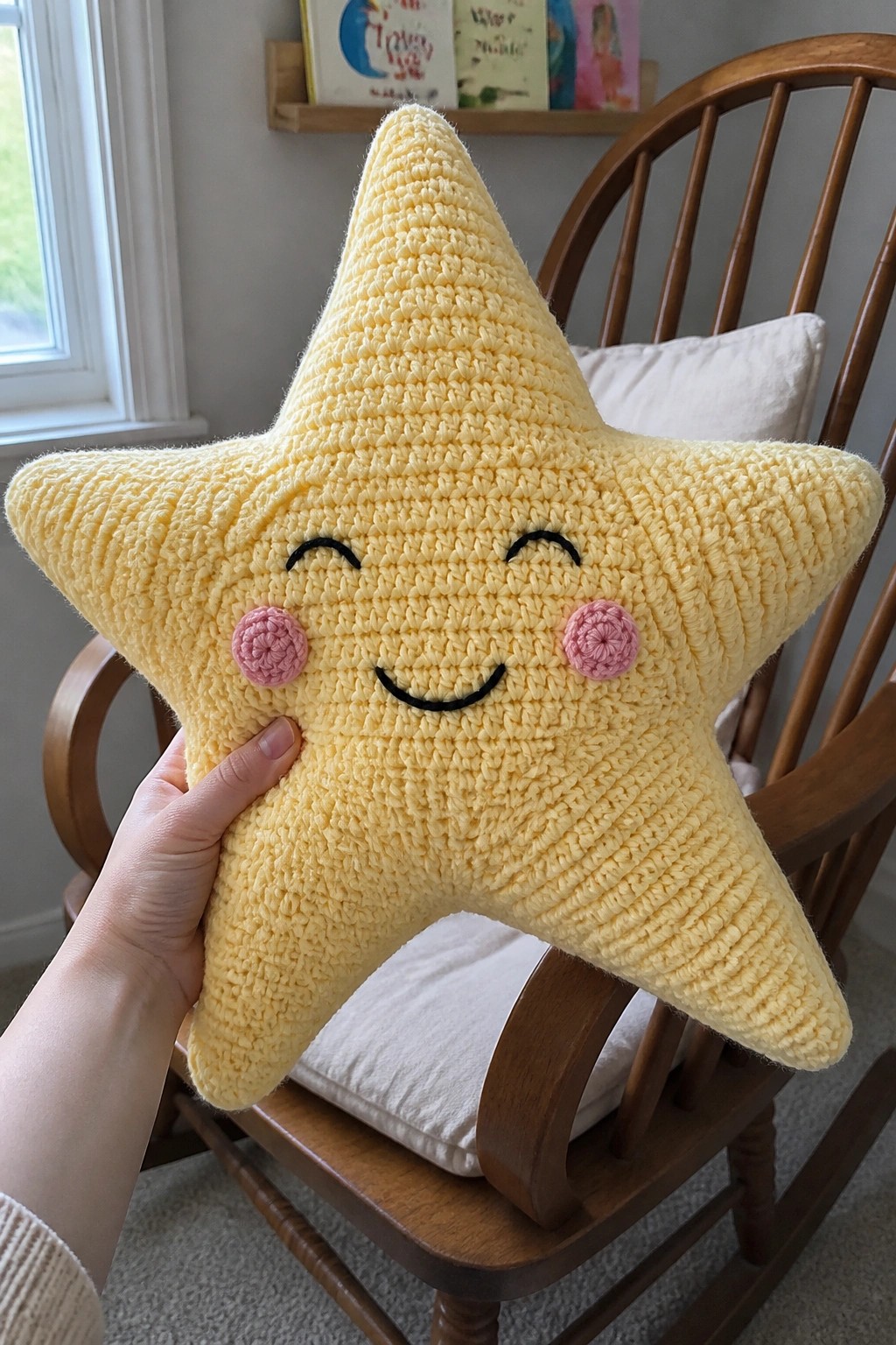 Hand holds yellow crocheted star pillow with smiling face and pink cheeks.