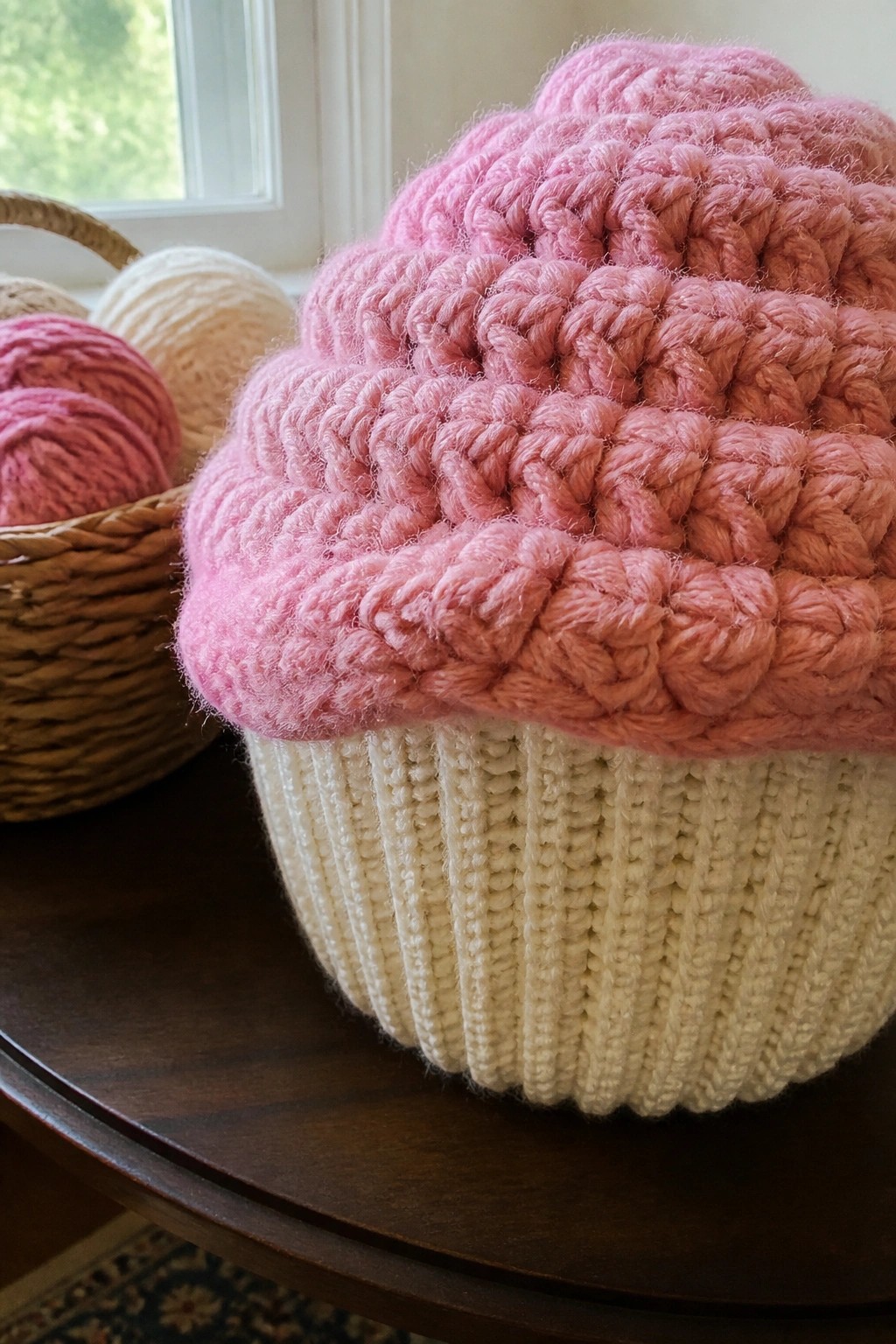 Pink crocheted cupcake with white base on dark wooden table near yarn basket