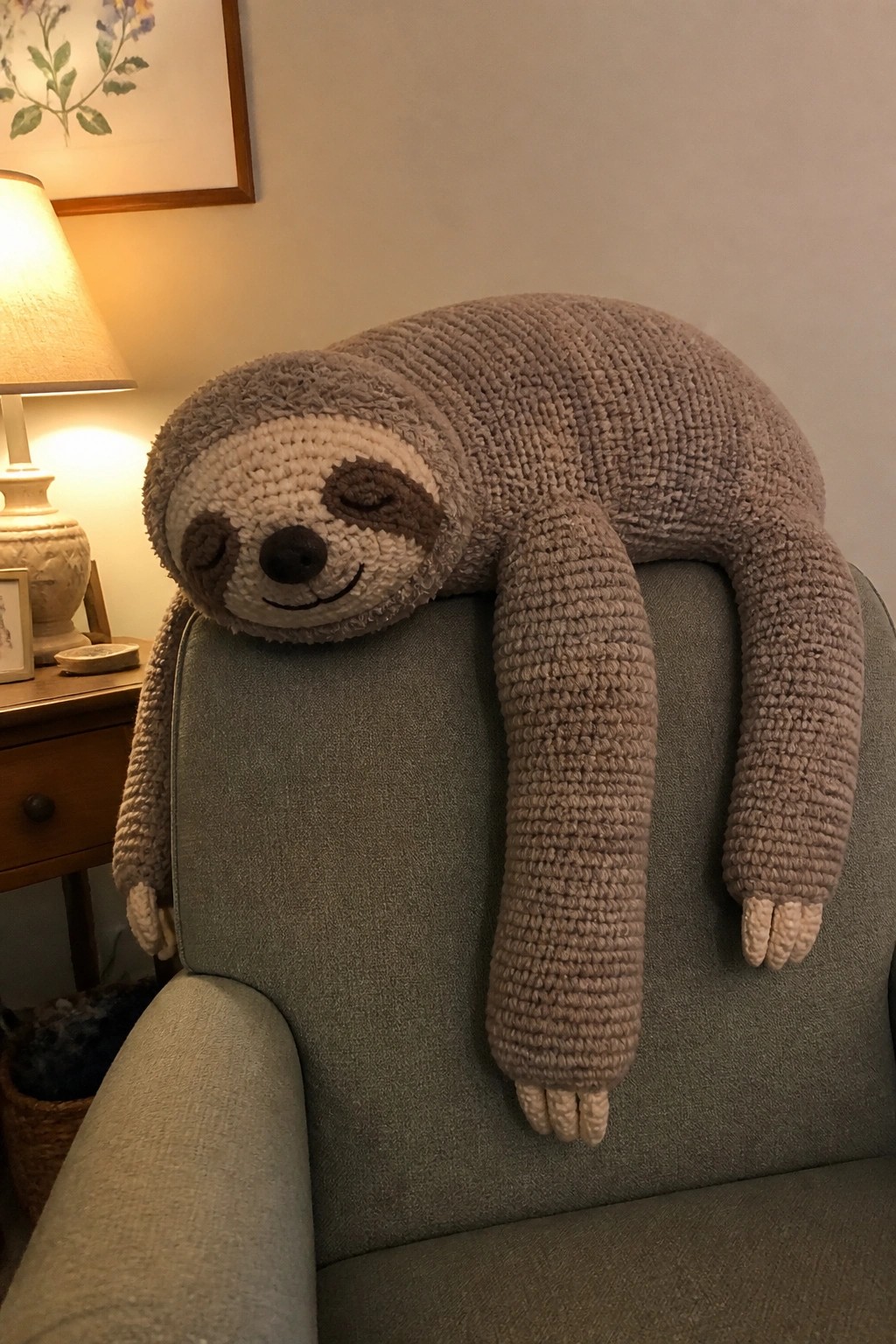 Crocheted sloth plush draped over gray armchair with long arms hanging down