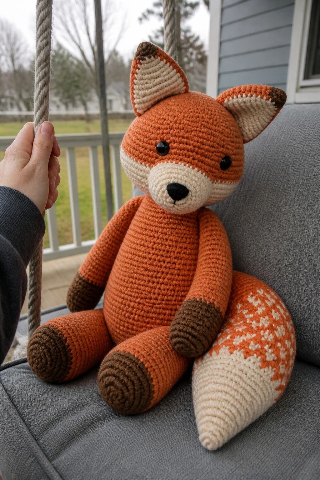 Crocheted orange fox plush with patterned tail on gray porch cushion beside rope