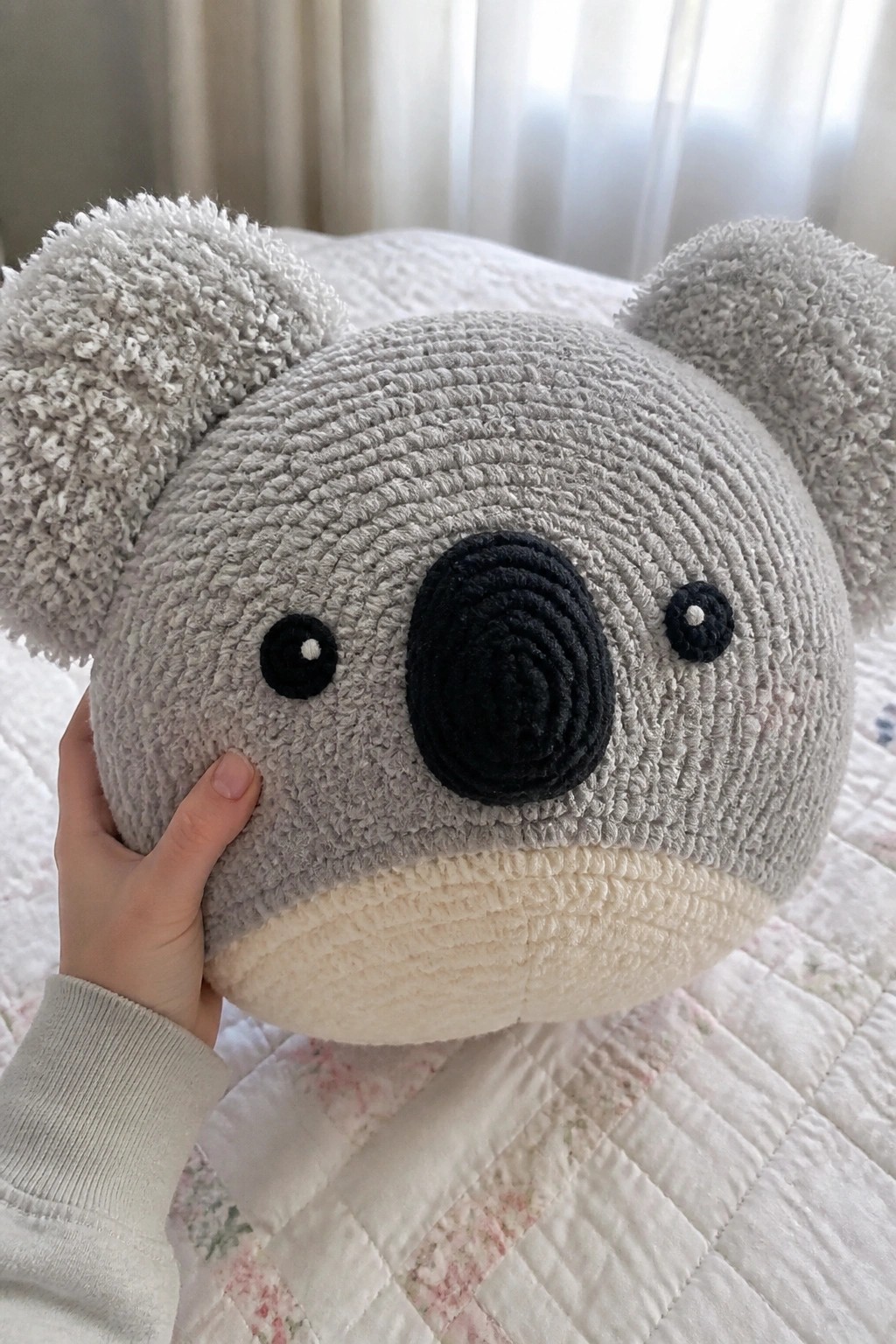 Hand holding gray crocheted koala toy with black nose on floral quilt