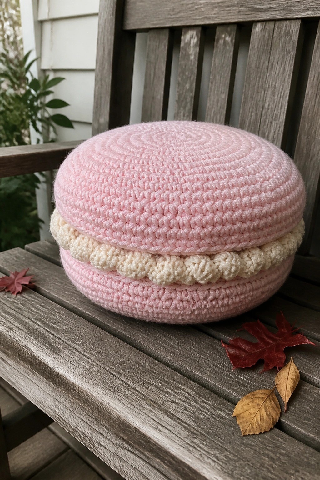 Pink crocheted macaron pillow on wooden bench with autumn leaves.
