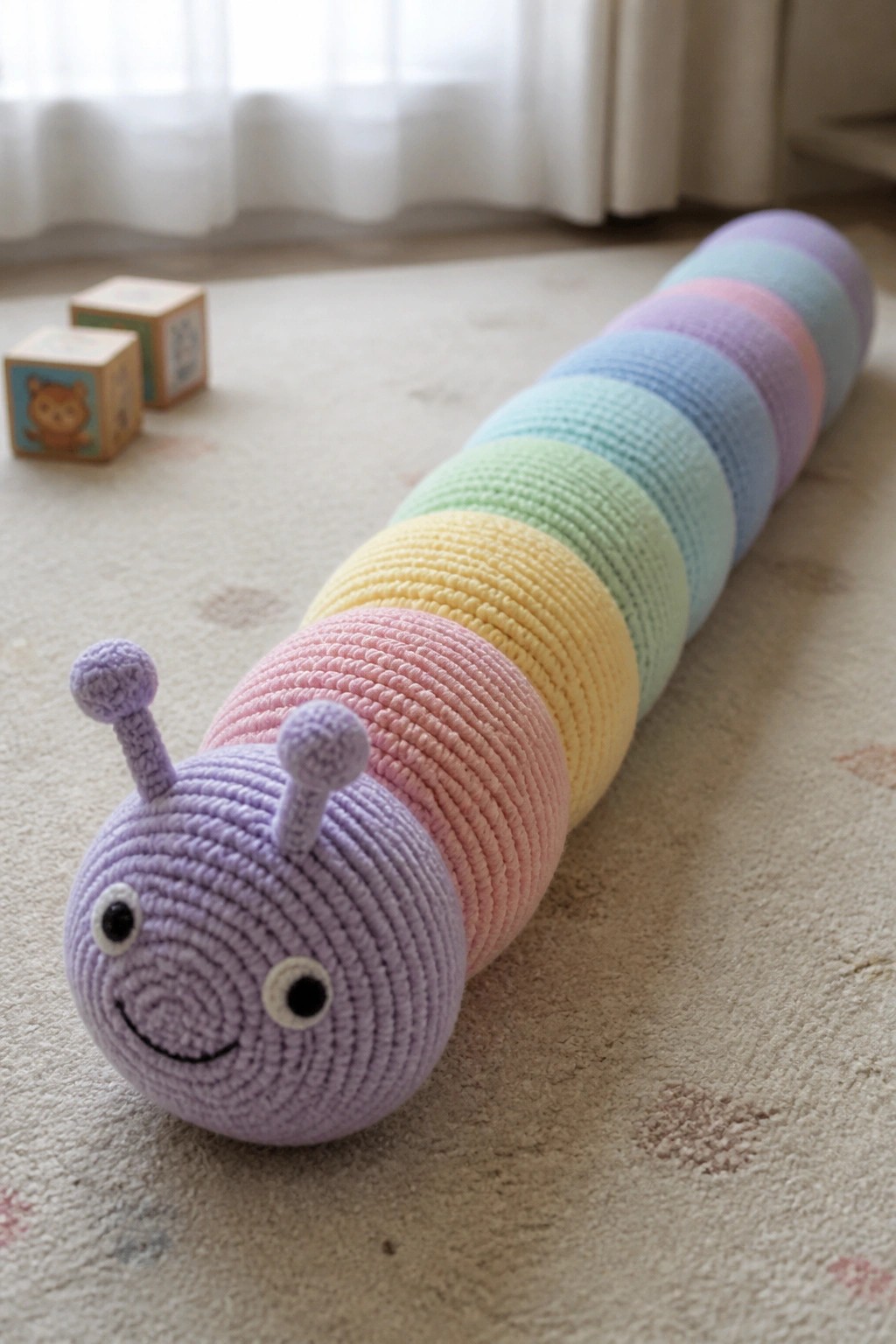 A long pastel rainbow striped crochet caterpillar plush with a purple head and antennae lies on a carpet.