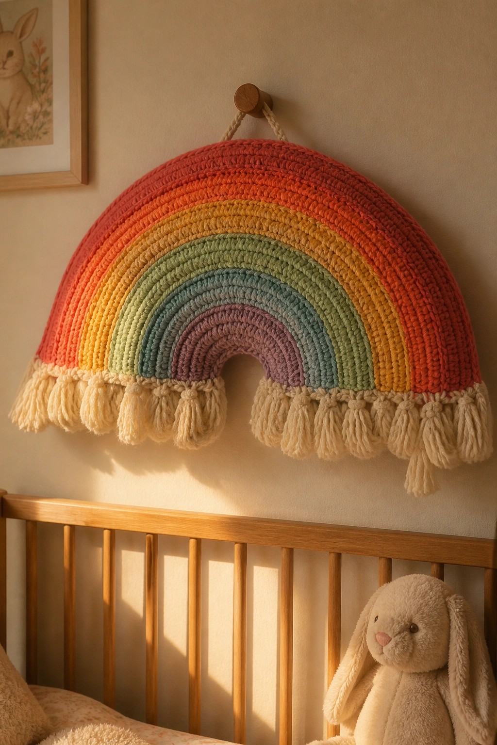 Large crocheted rainbow wall hanging with red to purple stripes and cream tassels hangs above a wooden crib next to a stuffed bunny.