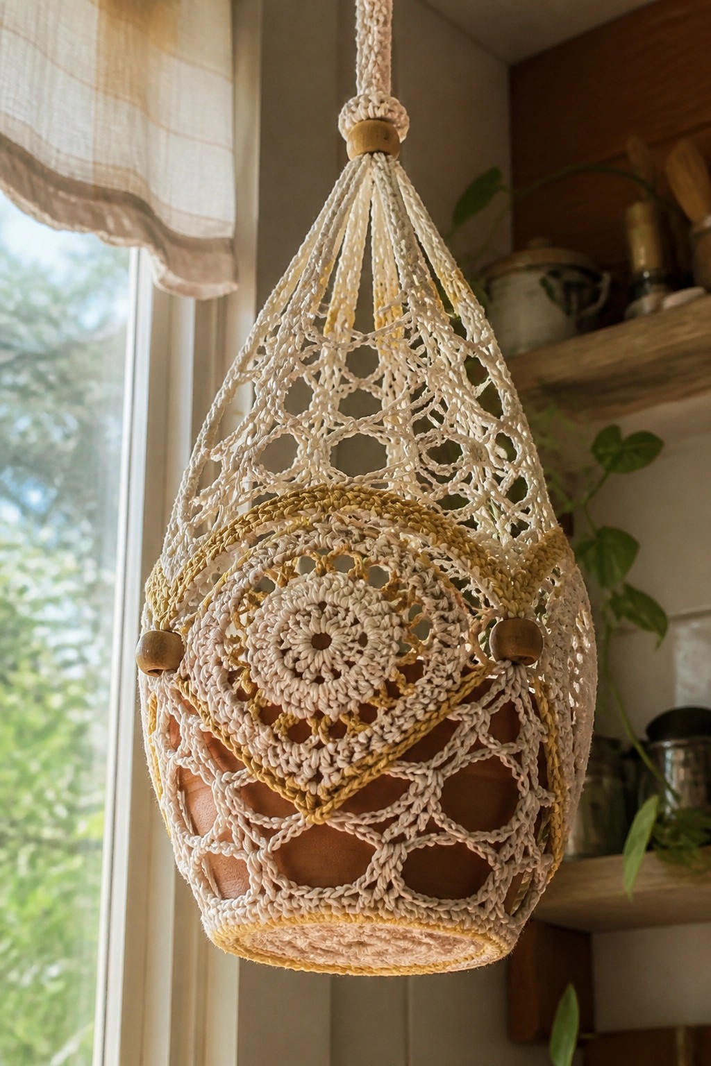 White and yellow macrame hanging basket holding terracotta pot with wooden beads
