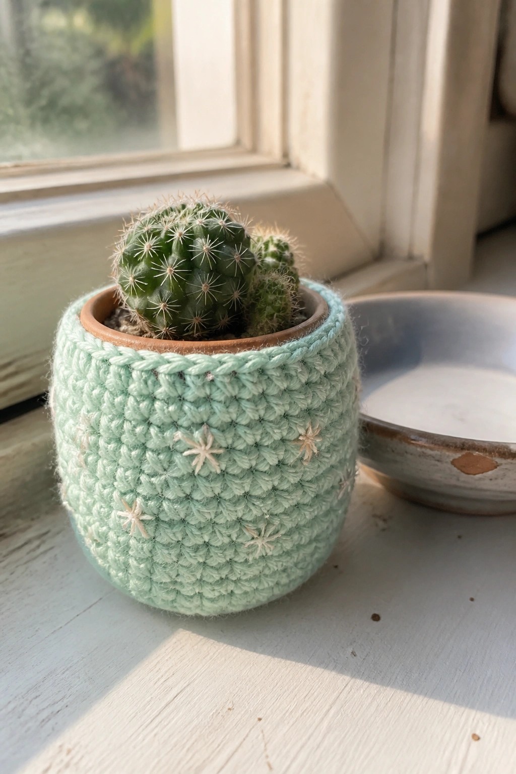 Mint green crocheted cactus pot with white stars beside ceramic bowl on windowsill