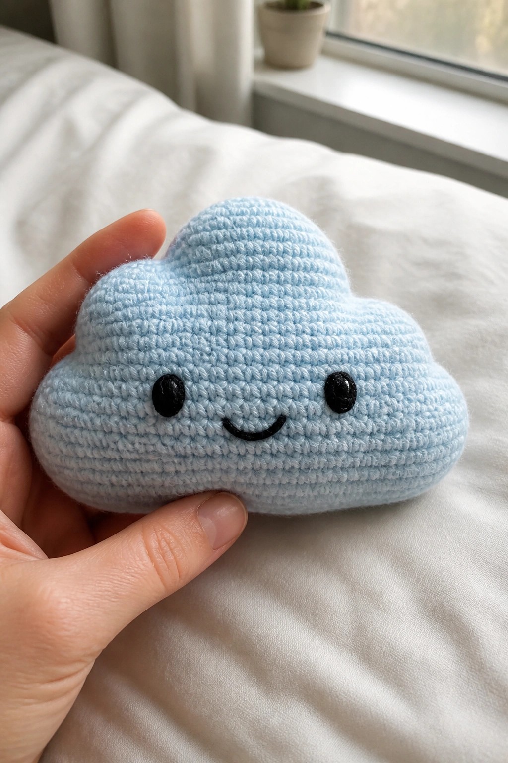 Hand holding light blue crocheted cloud plush with smiling face on white bed.