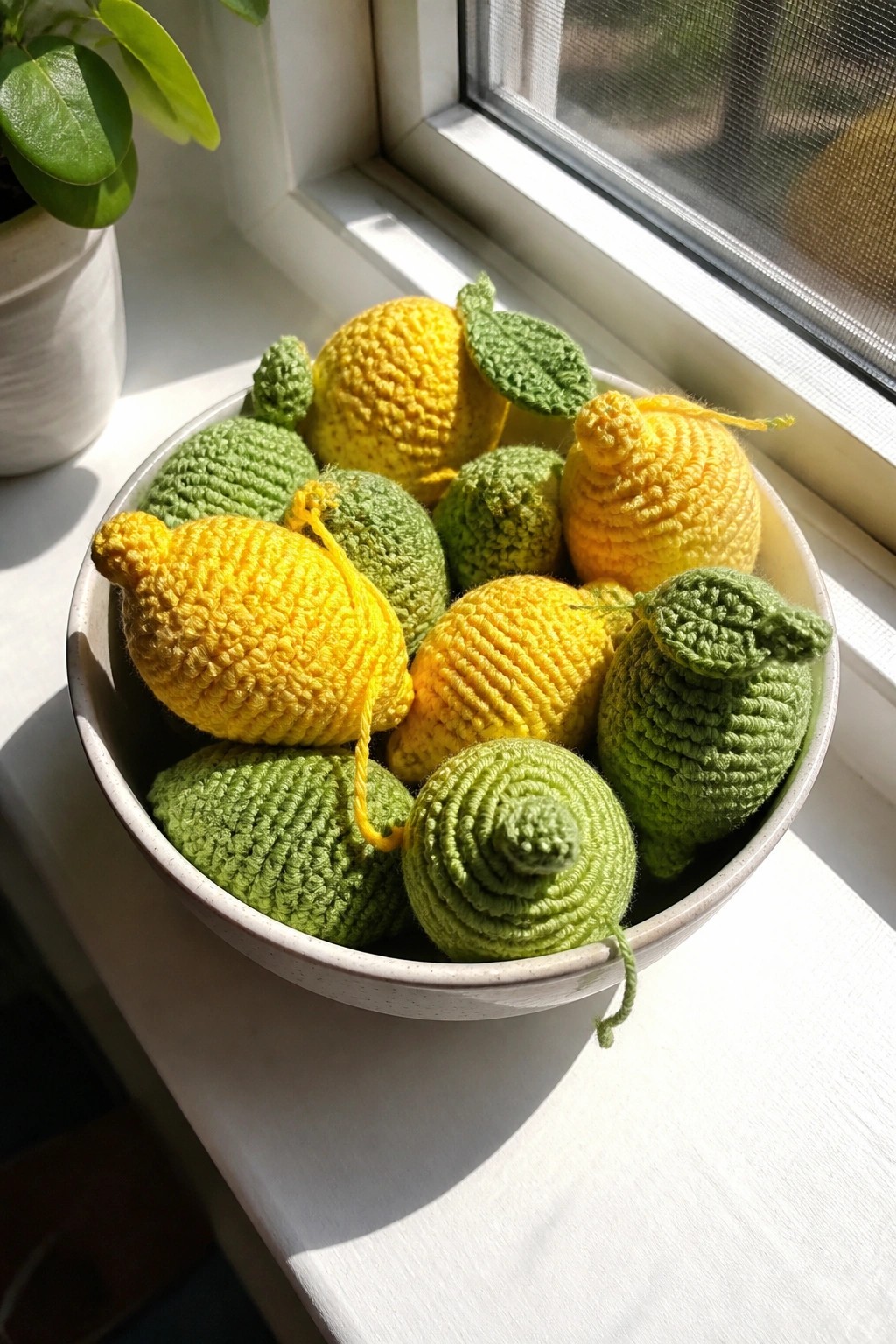 Bowl of yellow and green crocheted lemons and limes on sunny windowsill