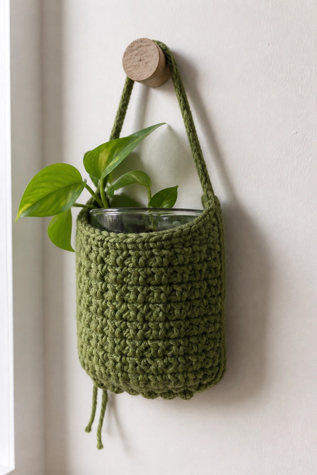Green crocheted hanging basket with plant in glass jar on wooden hook