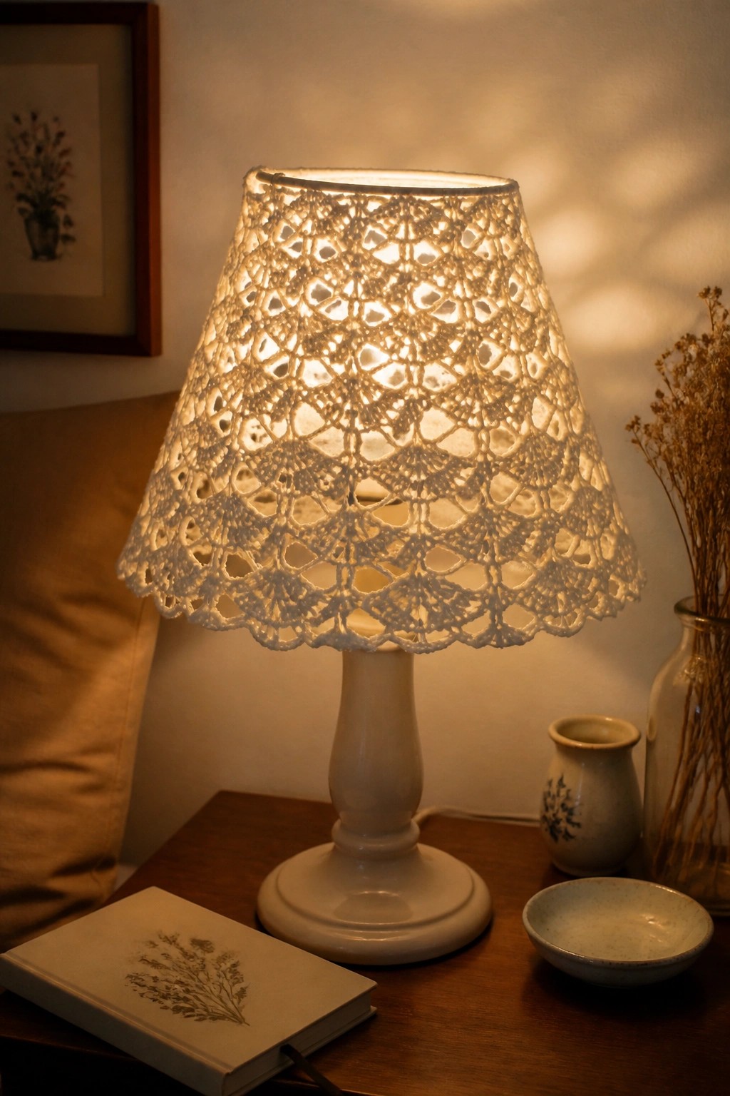 Warmly lit lace lampshade on white ceramic lamp base beside book on table