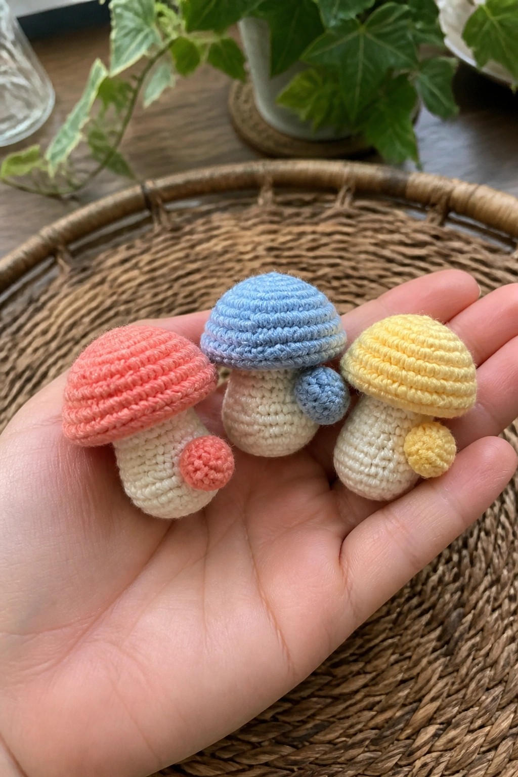 Three colorful crocheted mushrooms in coral, blue, and yellow held in hand