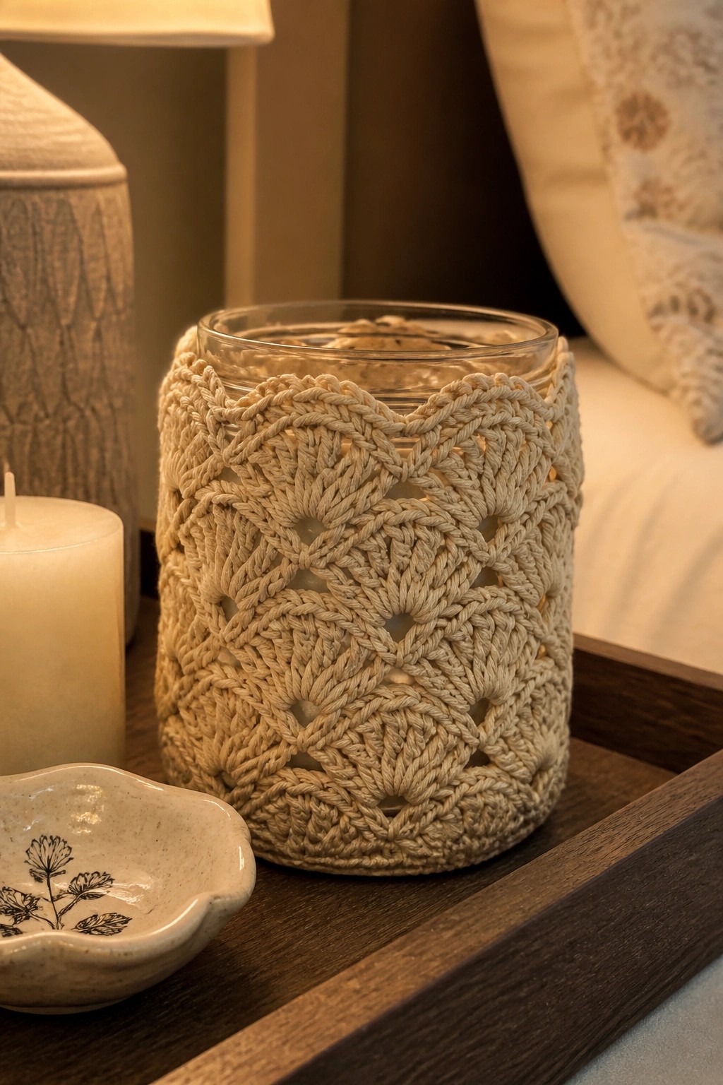 Beige macrame-wrapped glass jar on wooden tray beside white candle and ceramic dish