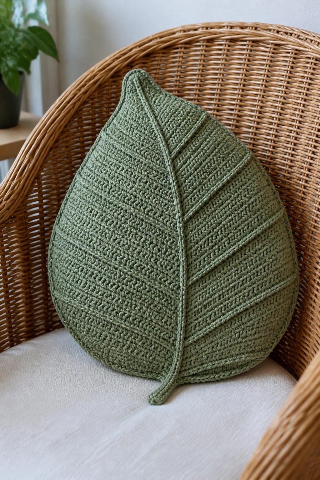 Sage green crocheted leaf pillow with veins on brown wicker chair