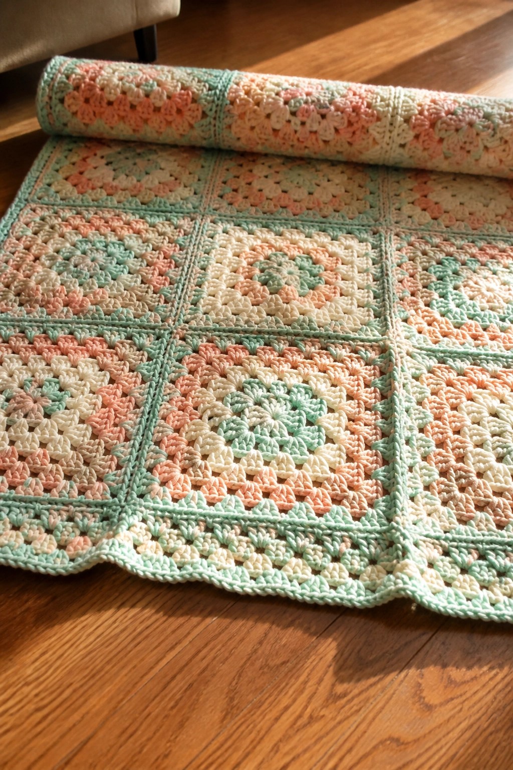 Pastel granny square crochet blanket partially rolled on wooden floor with scalloped edge
