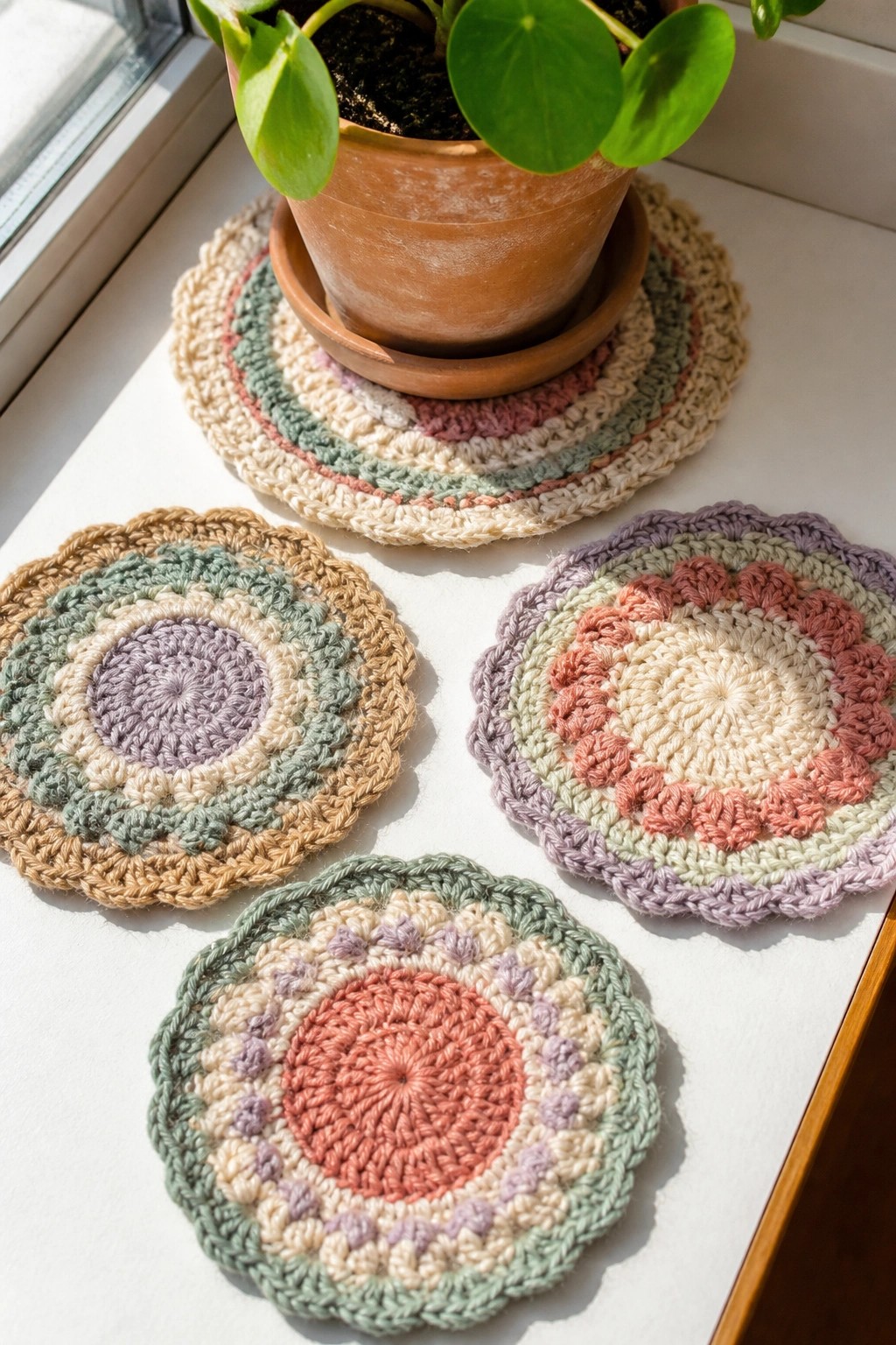 Pastel crocheted coasters on windowsill with terracotta potted plant in sunlight