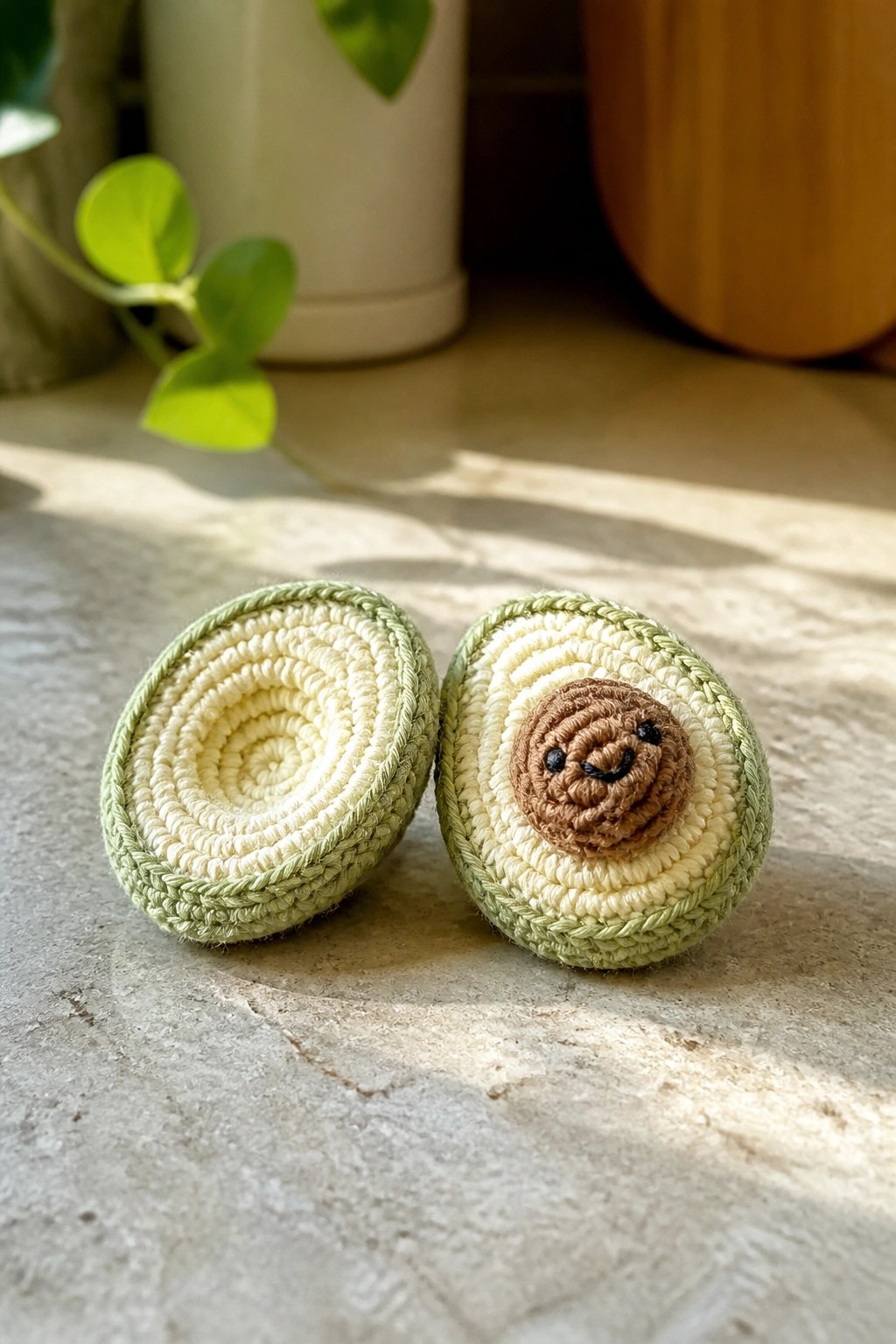 Two crocheted avocado halves on stone surface, one with smiling face.