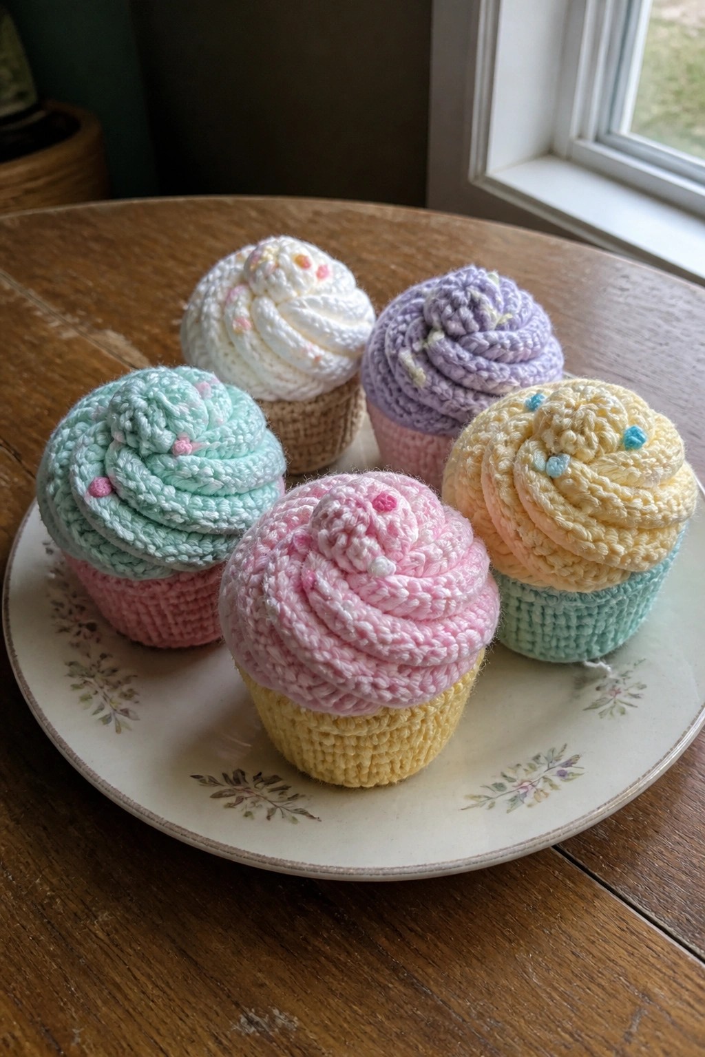 Five pastel crocheted cupcakes with sprinkles on a floral plate.
