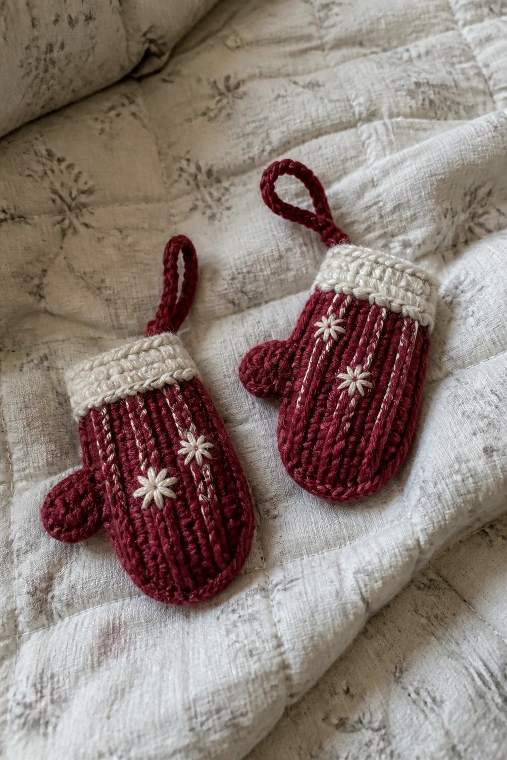 Two small crocheted red mittens with white cuffs and snowflake details rest on a white quilted fabric.