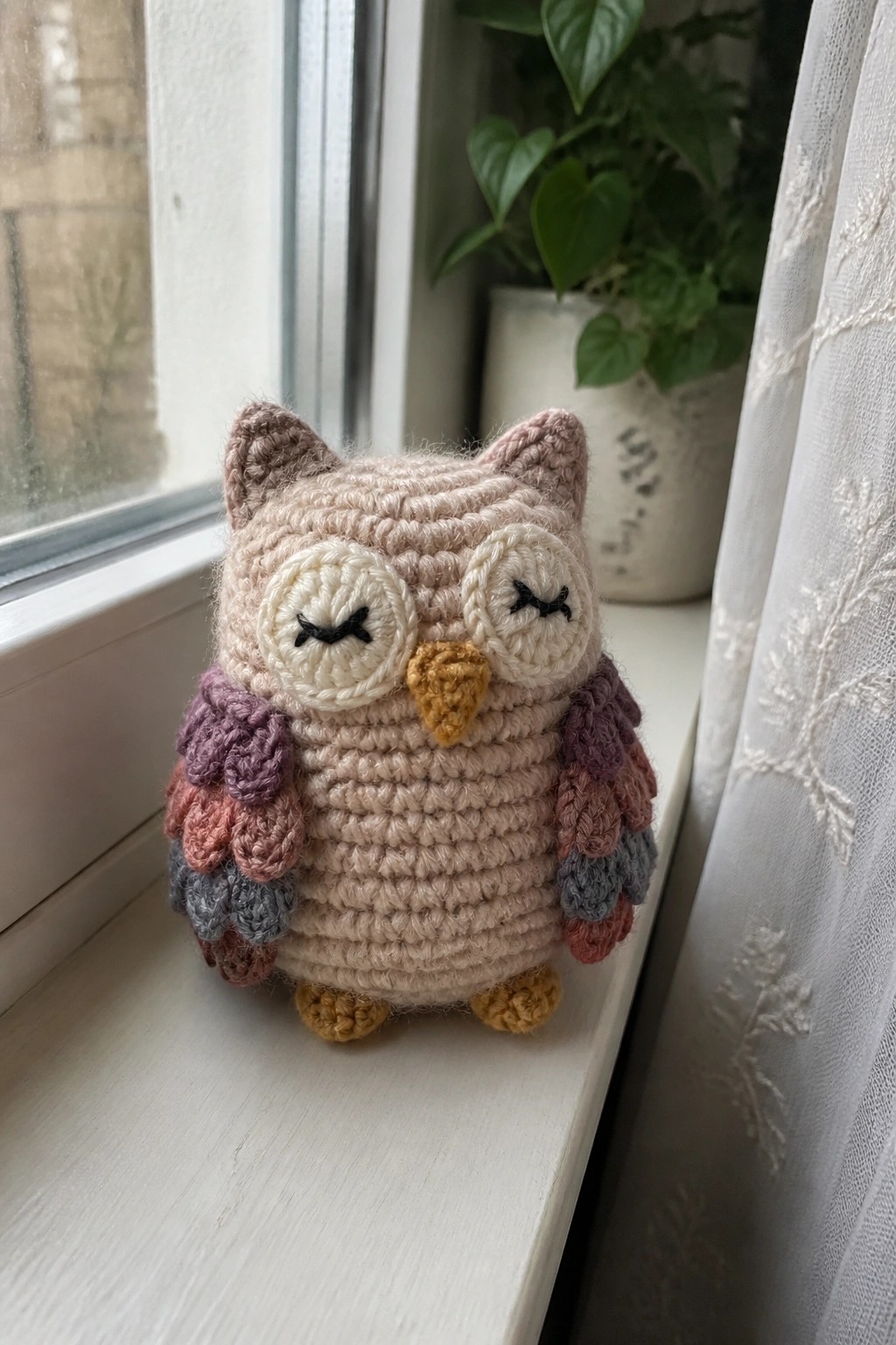 Crocheted beige owl with closed eyes and colorful wings on windowsill