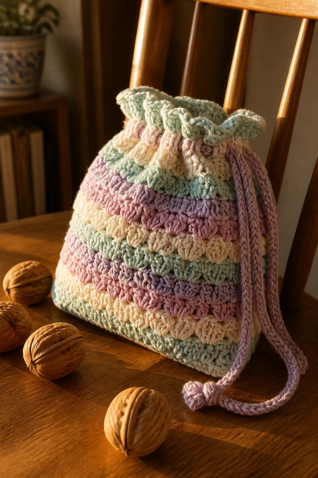 Pastel crocheted drawstring bag on wooden table surrounded by walnuts