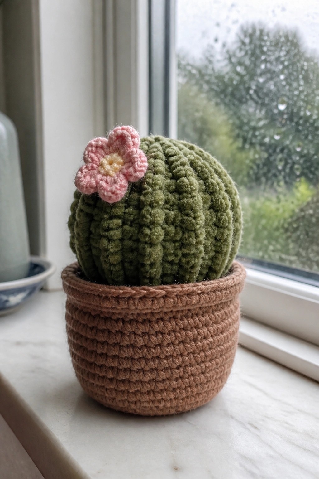 Green crocheted cactus with pink flower in brown pot on marble windowsill