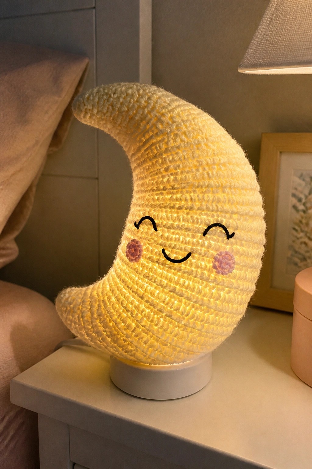 Glowing yellow crocheted crescent moon lamp with smiling face on nightstand