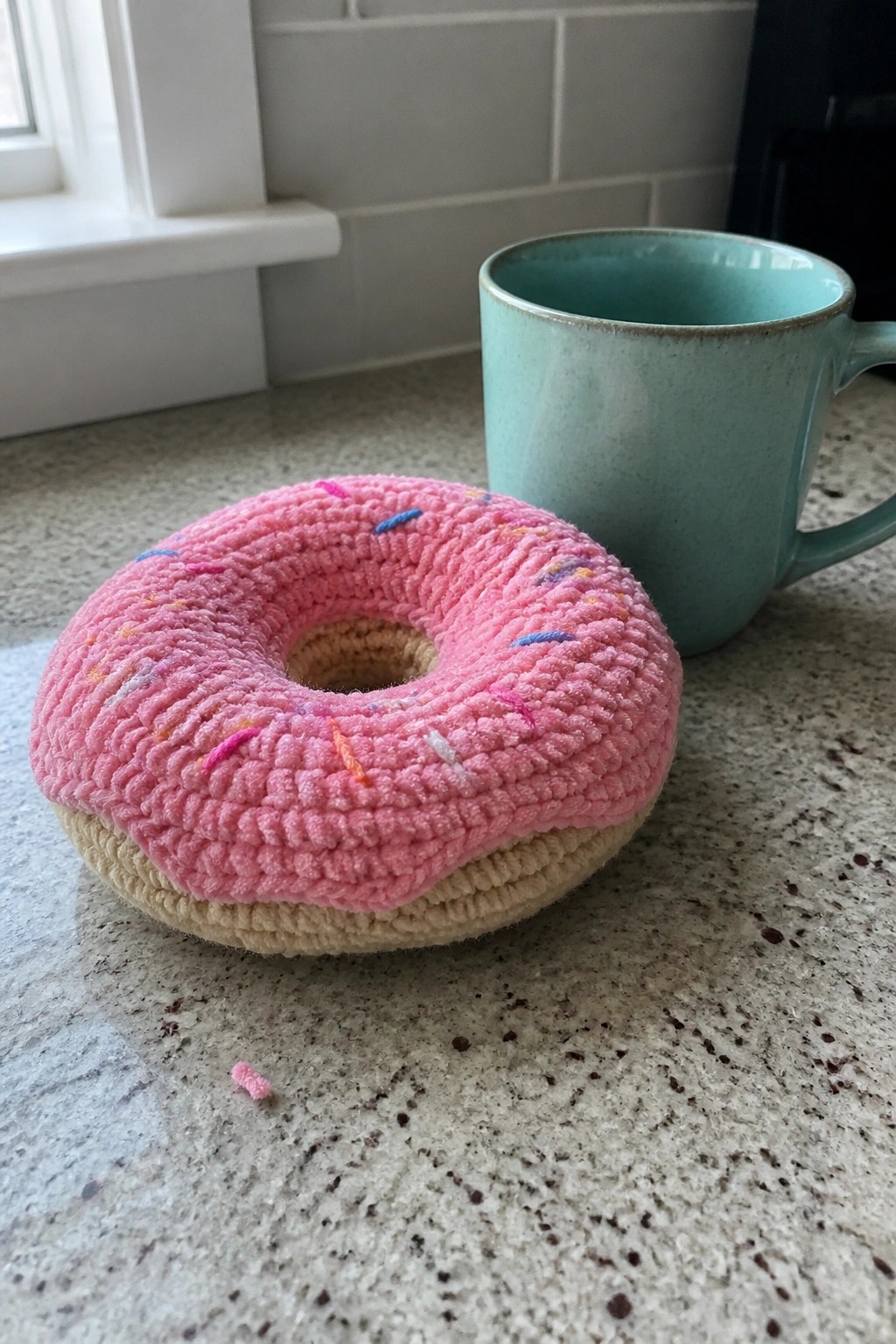 Pink crocheted donut with sprinkles beside teal ceramic mug on countertop