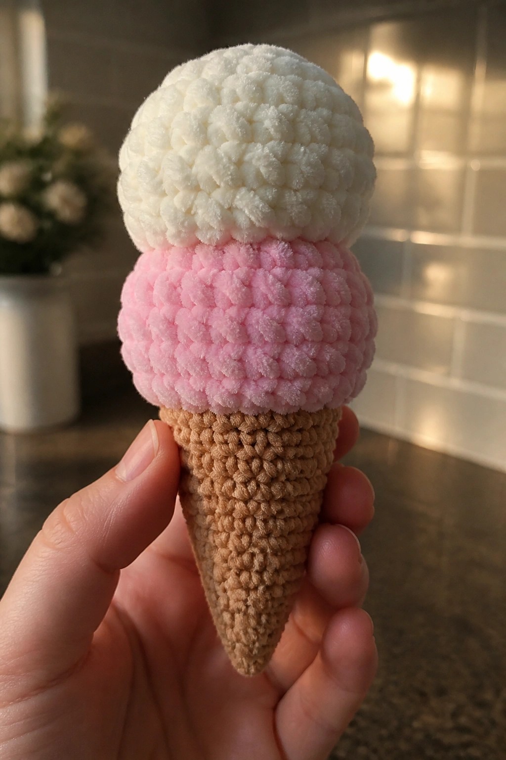 A hand holds a small crocheted ice cream cone with a brown base and two fluffy scoops in pink and white.
